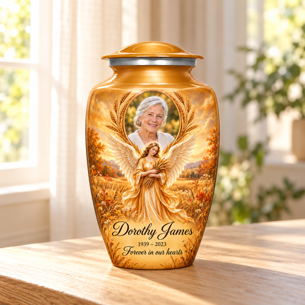 Yellow adult urn with a wheat bearing angel, autumn meadow and arched sample portrait frame, arranged in a sunlit home.