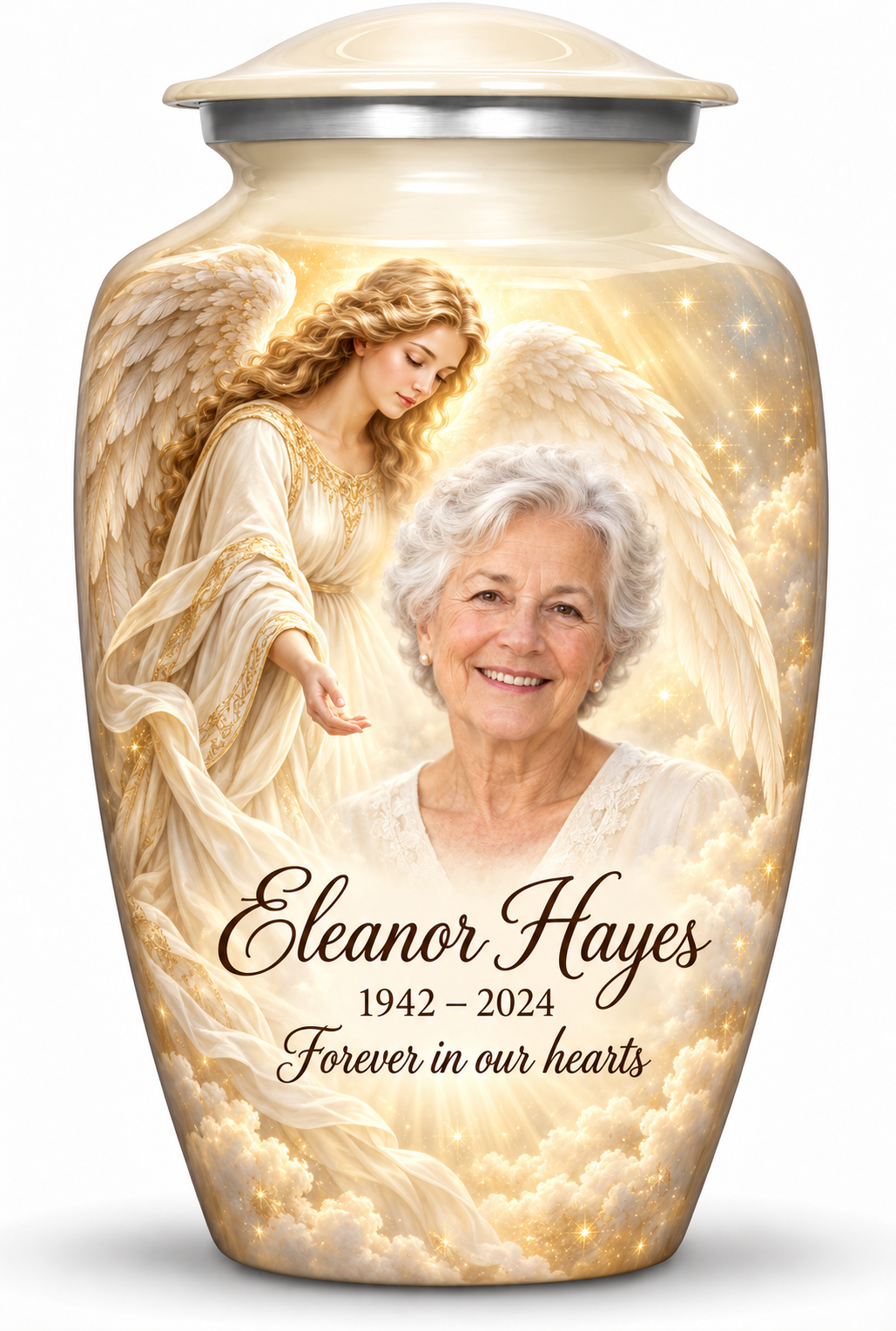 White adult angel urn with a guardian angel, golden clouds and light, a fictional sample portrait, name and tribute.
