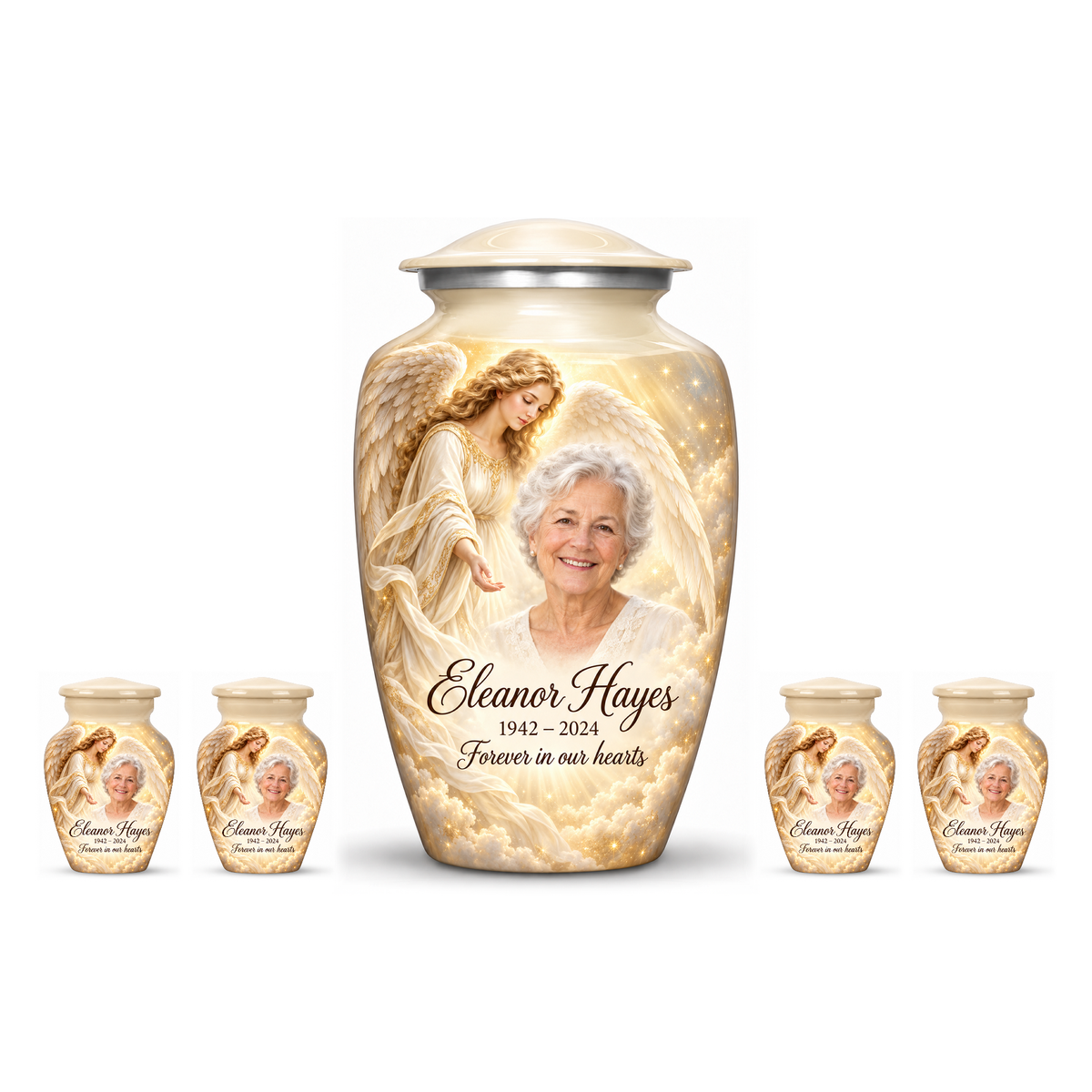 One white adult angel urn and four keepsakes with a guardian angel, golden clouds and light on white.