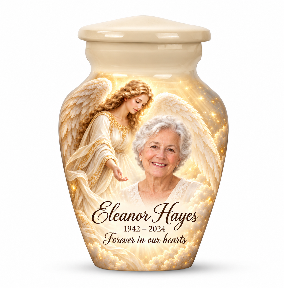 One white angel keepsake urn with a guardian angel, golden clouds and light and sample photo personalization.
