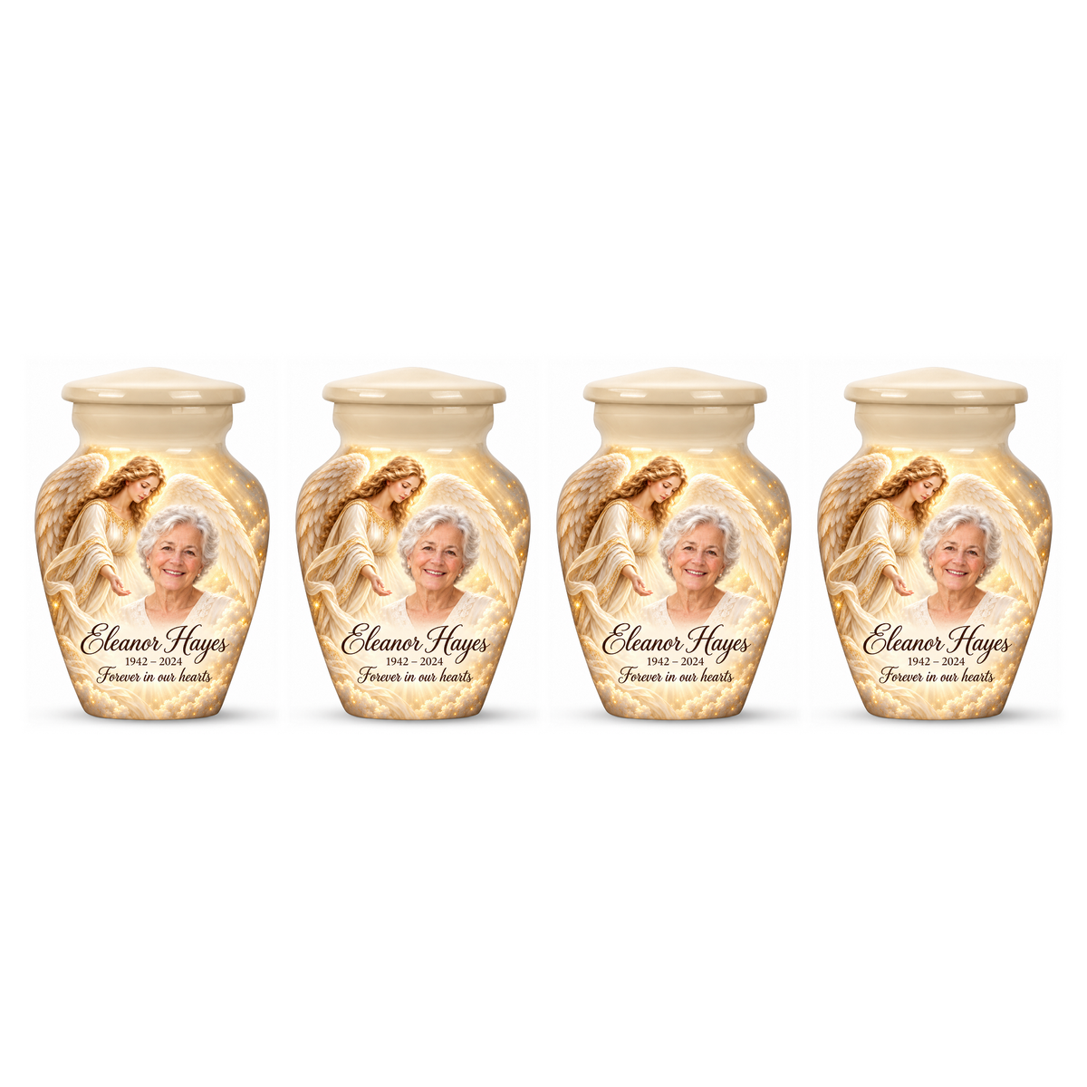 Four matching white angel keepsake urns with a guardian angel, golden clouds and light on white.