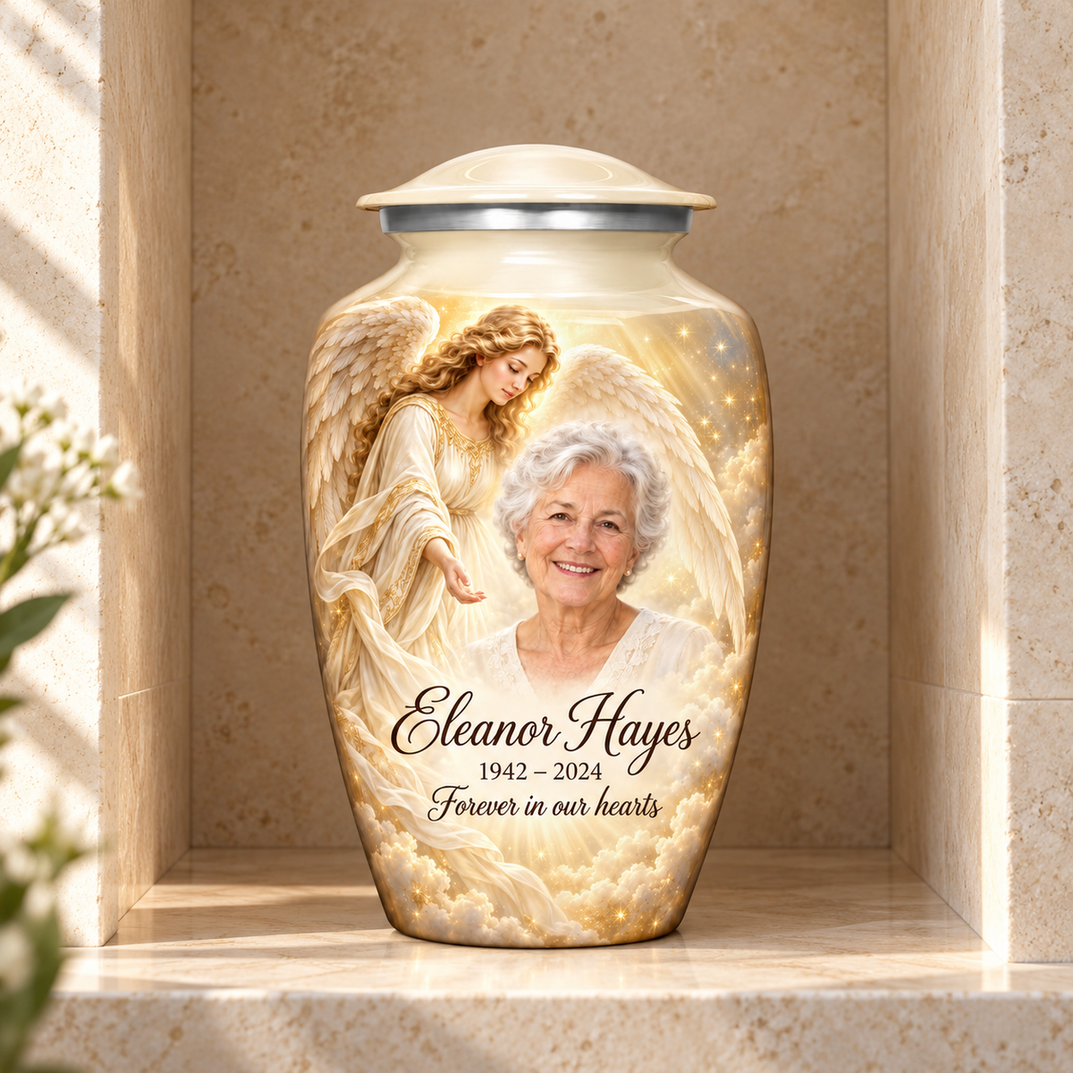 White adult angel urn with a guardian angel, golden clouds and light displayed in a columbarium niche.