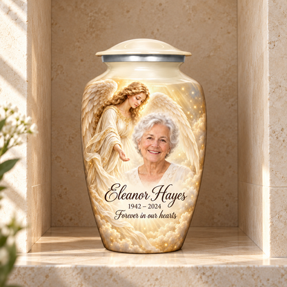 White adult angel urn with a guardian angel, golden clouds and light displayed in a columbarium niche.