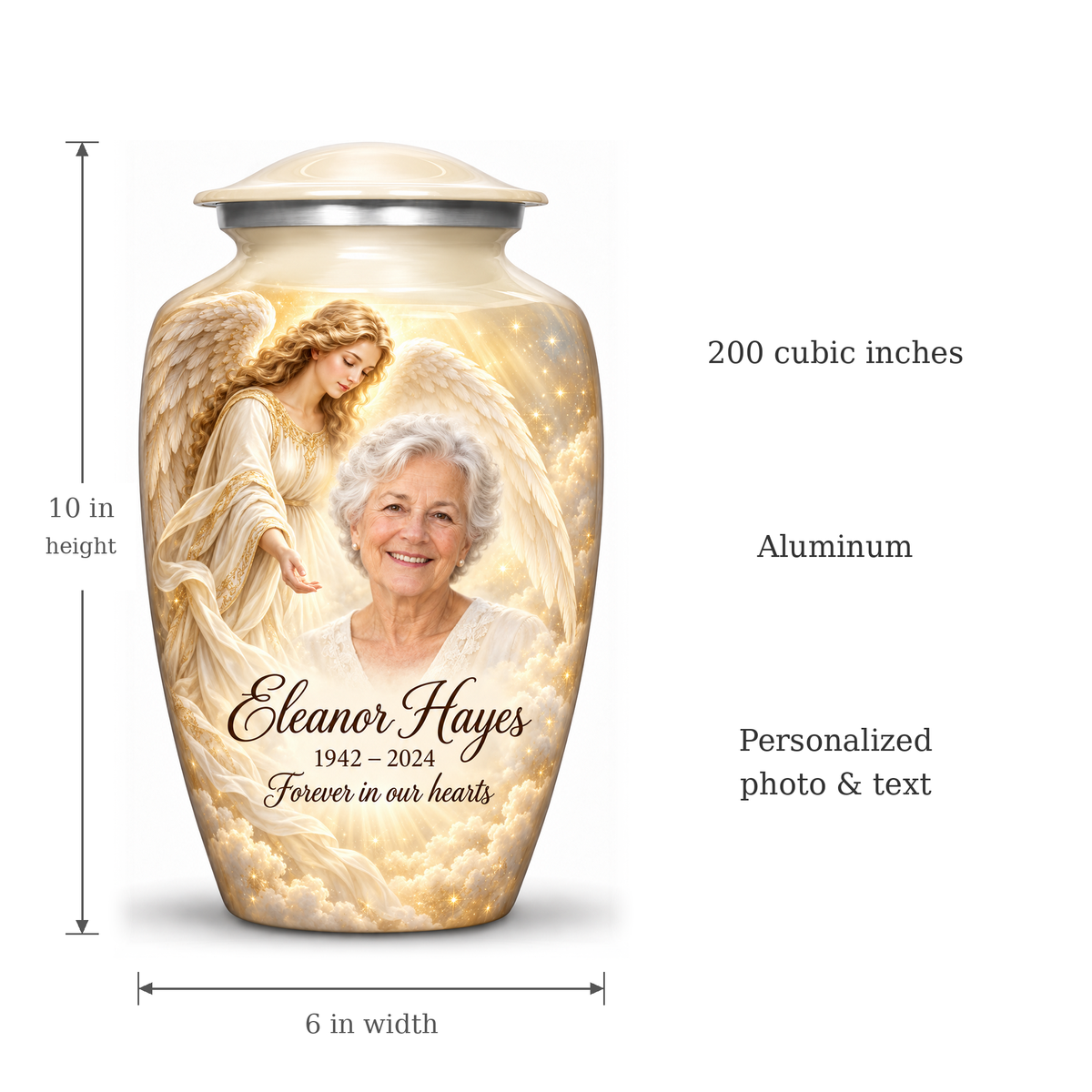 White angel urn size guide: adult height 10 inches, width 6 inches and capacity 200 cubic inches.
