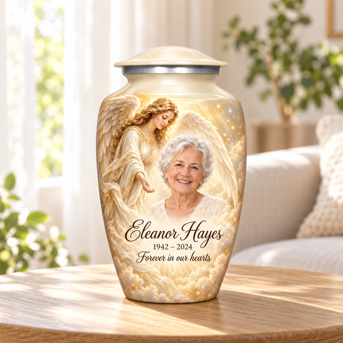 White adult angel urn with a guardian angel, golden clouds and light in a sunlit home.