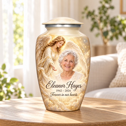 White adult angel urn with a guardian angel, golden clouds and light in a sunlit home.