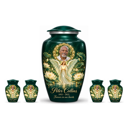 One green adult angel urn and four matching keepsake urns with sample portraits and inscriptions on white.