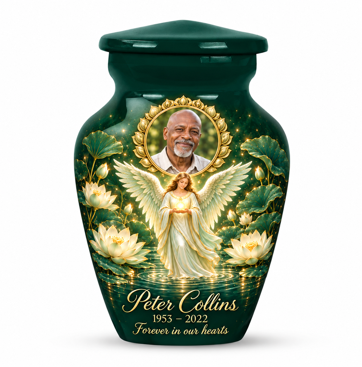 One green angel keepsake urn with an angel holding an orb above lotus water and a circular sample portrait frame and sample personalization.