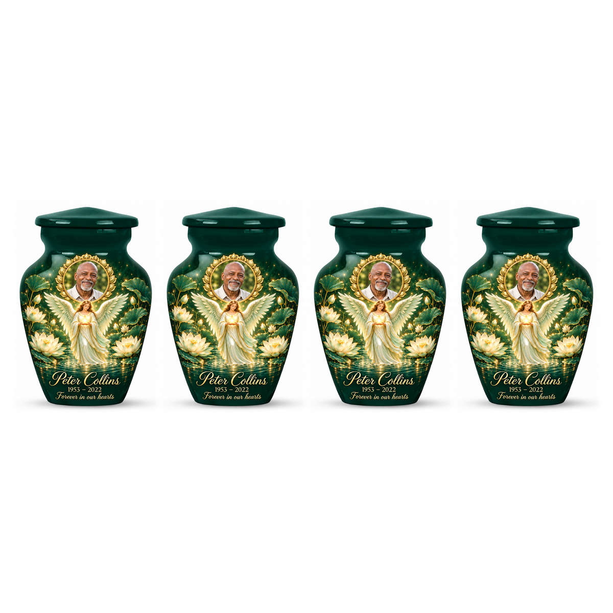 Four matching green angel keepsake urns with sample portraits and inscriptions on white.