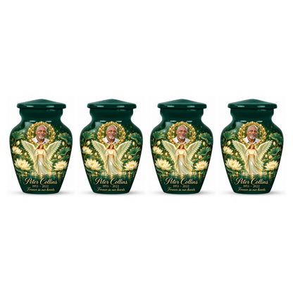 Four matching green angel keepsake urns with sample portraits and inscriptions on white.