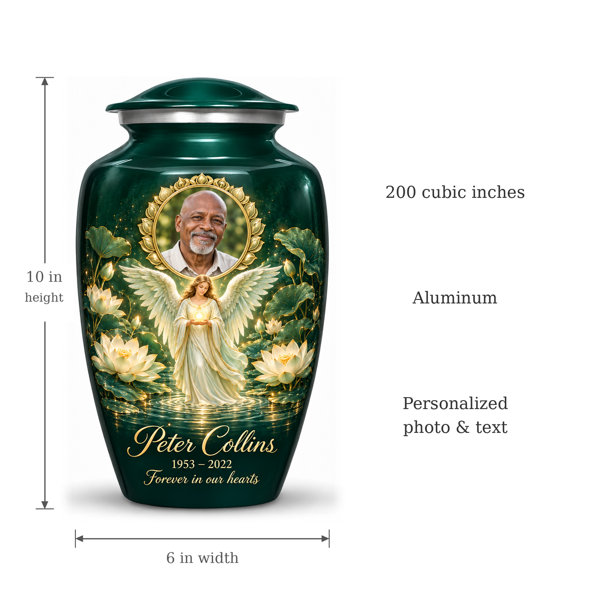 Green angel urn size guide: adult height 10 inches, width 6 inches and capacity 200 cubic inches.