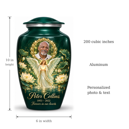 Green angel urn size guide: adult height 10 inches, width 6 inches and capacity 200 cubic inches.