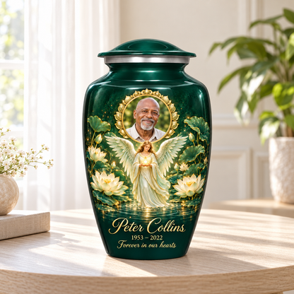 Green adult urn with an angel holding an orb above lotus water and a circular sample portrait frame, arranged in a sunlit home.