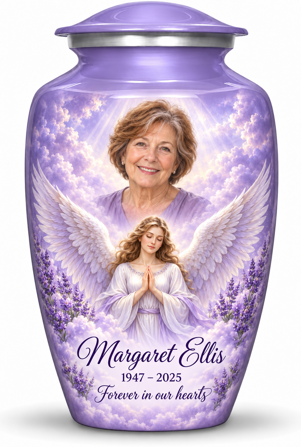 Purple adult angel urn with a praying angel, lavender flowers and clouds, a fictional sample portrait, name and tribute.