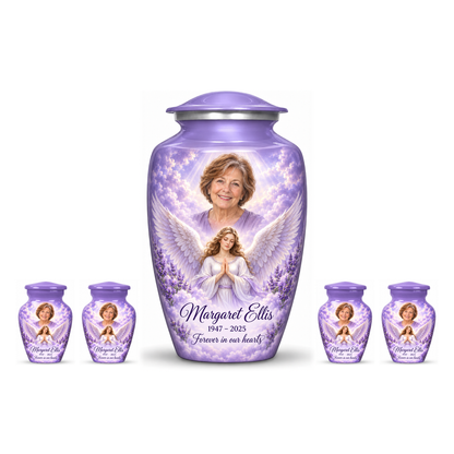 One purple adult angel urn and four keepsakes with a praying angel, lavender flowers and clouds on white.