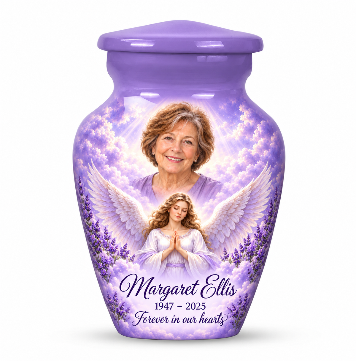 One purple angel keepsake urn with a praying angel, lavender flowers and clouds and sample photo personalization.
