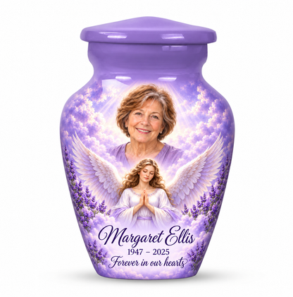 One purple angel keepsake urn with a praying angel, lavender flowers and clouds and sample photo personalization.