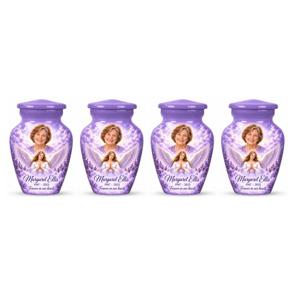 Four matching purple angel keepsake urns with a praying angel, lavender flowers and clouds on white.