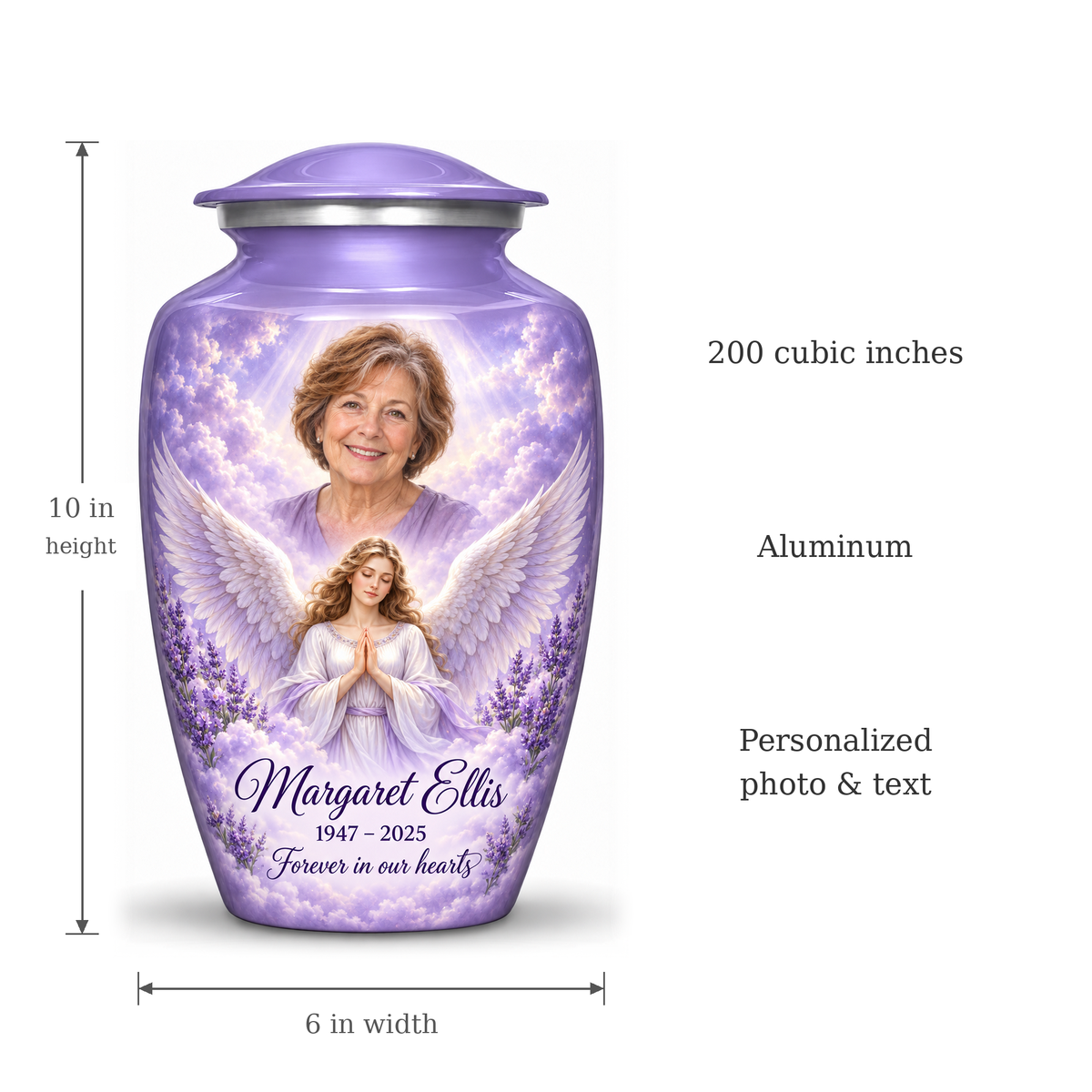 Purple angel urn size guide: adult height 10 inches, width 6 inches and capacity 200 cubic inches.