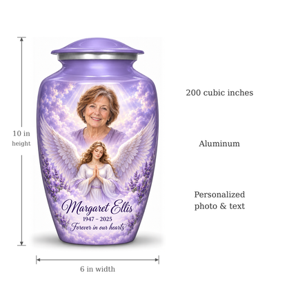 Purple angel urn size guide: adult height 10 inches, width 6 inches and capacity 200 cubic inches.