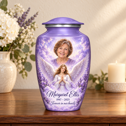 Purple adult angel urn with a praying angel, lavender flowers and clouds on a memorial console.
