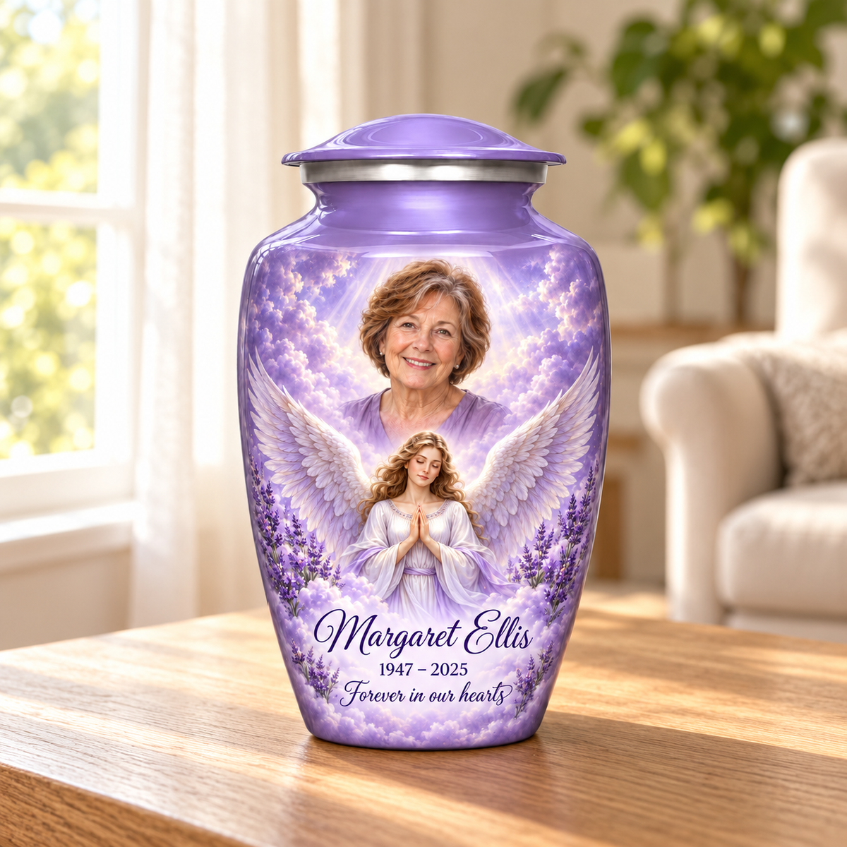Purple adult angel urn with a praying angel, lavender flowers and clouds in a sunlit home.