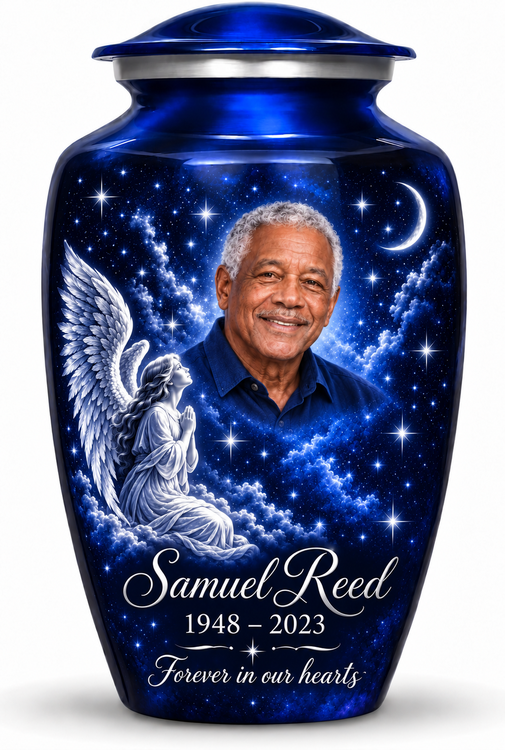 Blue adult angel urn with a kneeling angel, stars and crescent moon, a fictional sample portrait, name and tribute.