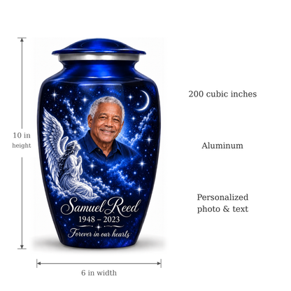 Blue angel urn size guide: adult height 10 inches, width 6 inches and capacity 200 cubic inches.