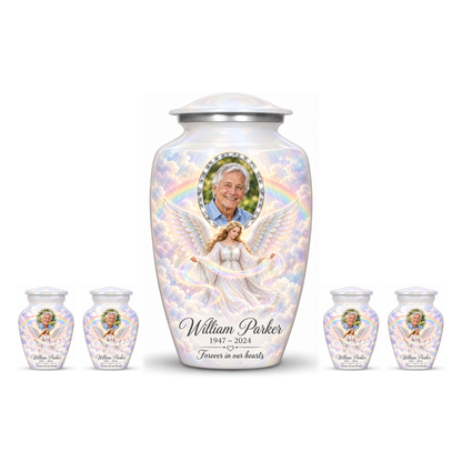 One white adult angel urn and four matching keepsake urns with sample portraits and inscriptions on white.