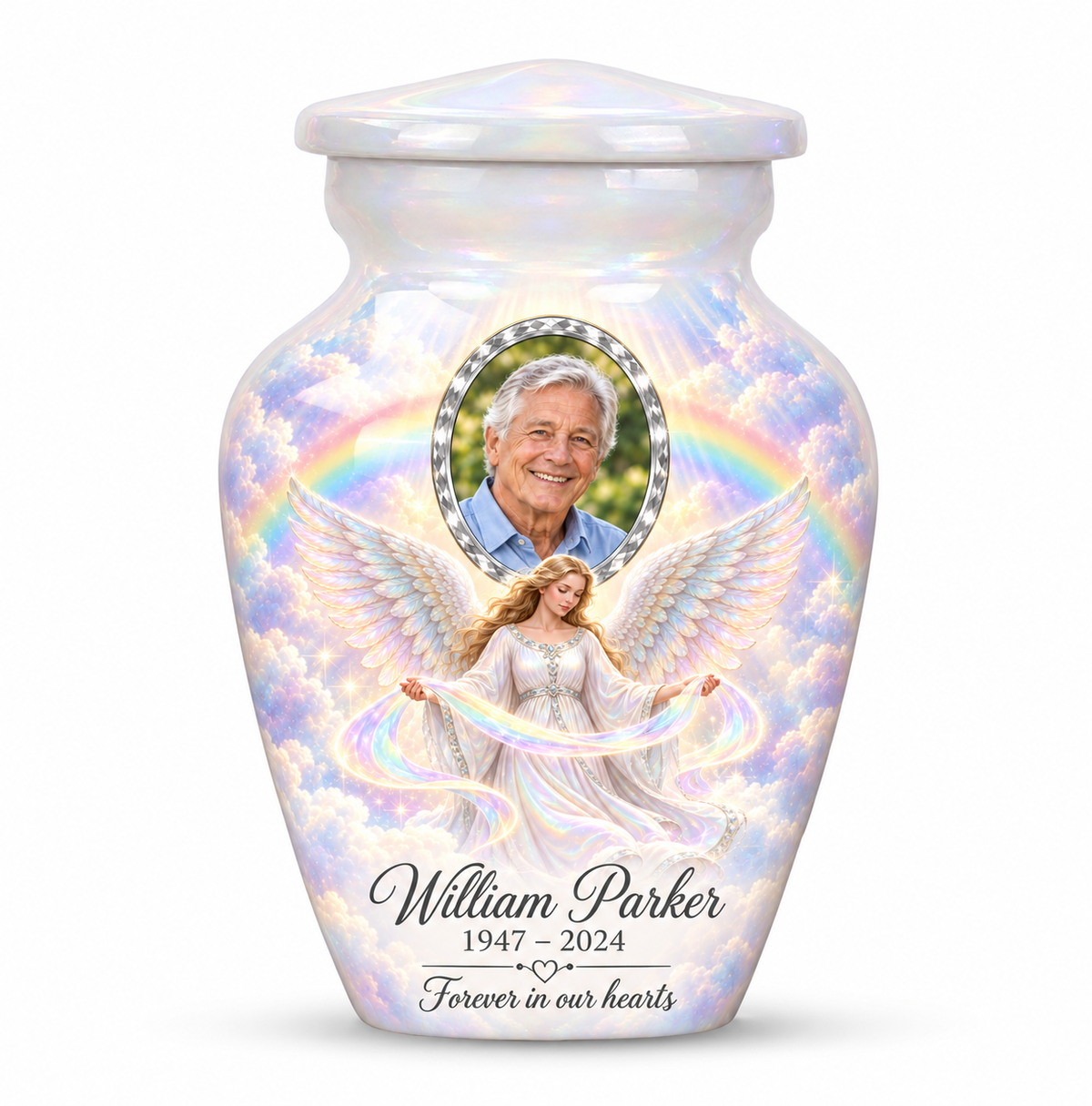 One white angel keepsake urn with an angel holding a ribbon of light, pastel rainbow clouds and a faceted sample portrait frame and sample personalization.