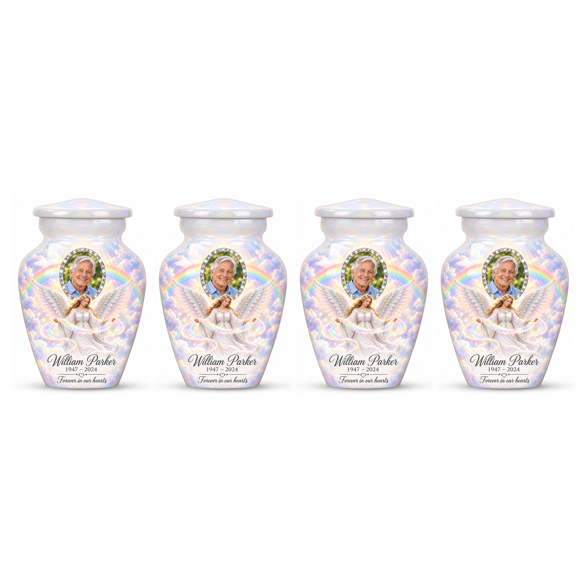 Four matching white angel keepsake urns with sample portraits and inscriptions on white.