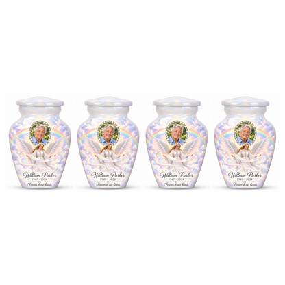 Four matching white angel keepsake urns with sample portraits and inscriptions on white.