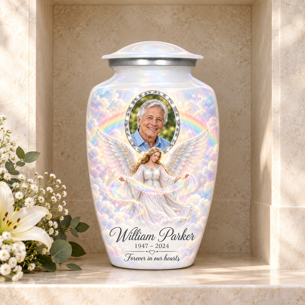 White adult urn with an angel holding a ribbon of light, pastel rainbow clouds and a faceted sample portrait frame, displayed in a columbarium niche.