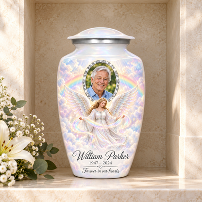 White adult urn with an angel holding a ribbon of light, pastel rainbow clouds and a faceted sample portrait frame, displayed in a columbarium niche.