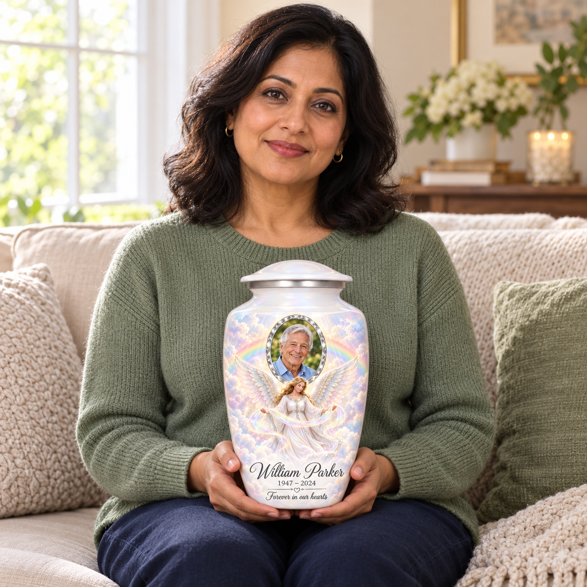 A seated person holding the white angel urn with an angel holding a ribbon of light, pastel rainbow clouds and a faceted sample portrait frame on their lap.