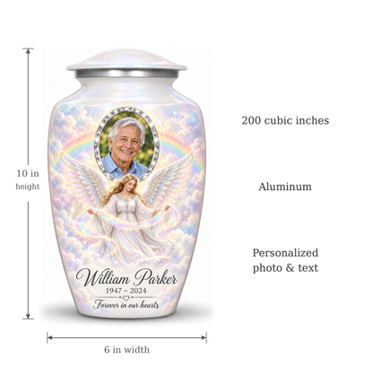 White angel urn size guide: adult height 10 inches, width 6 inches and capacity 200 cubic inches.