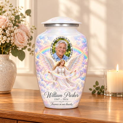 White adult urn with an angel holding a ribbon of light, pastel rainbow clouds and a faceted sample portrait frame, displayed on a memorial console.