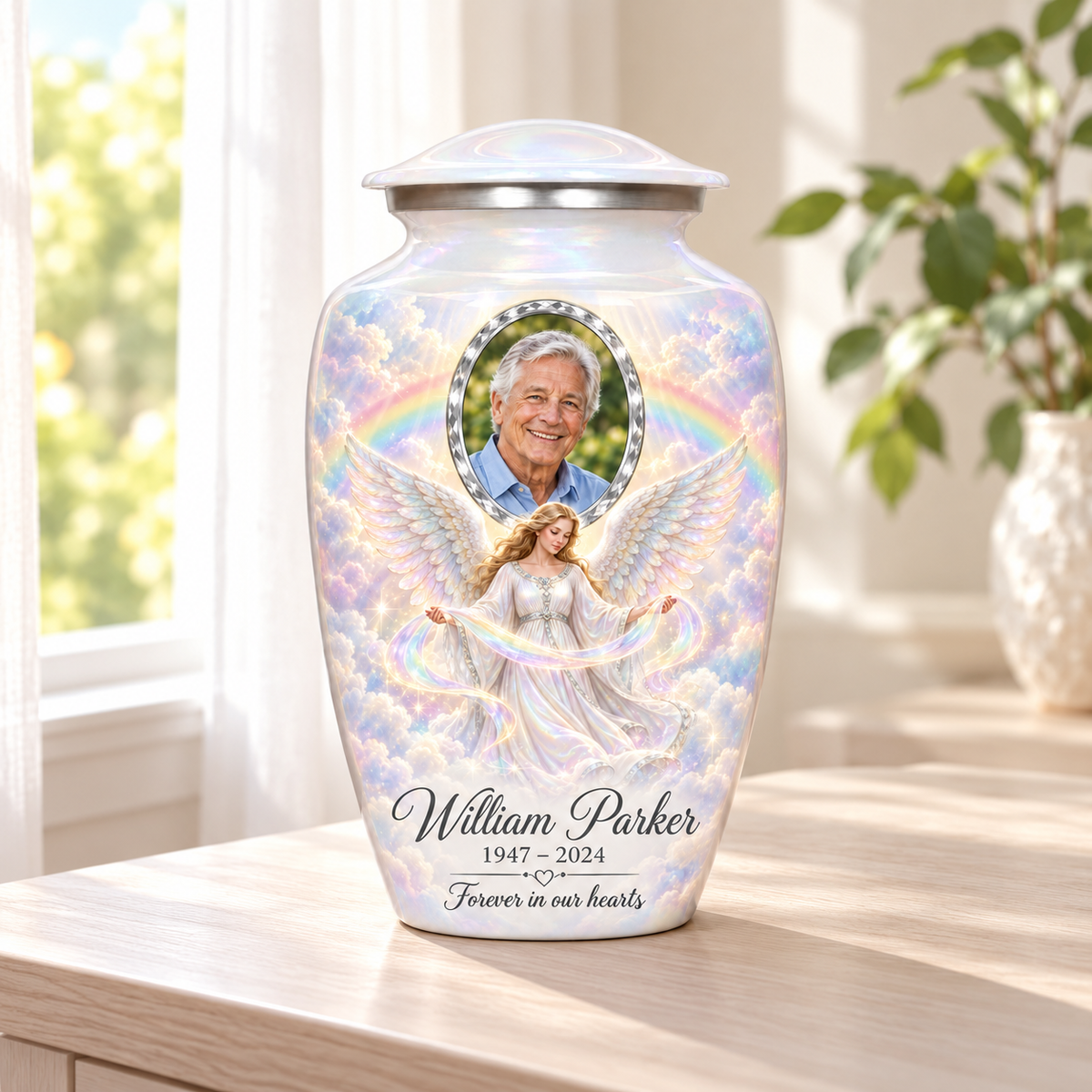 White adult urn with an angel holding a ribbon of light, pastel rainbow clouds and a faceted sample portrait frame, arranged in a sunlit home.
