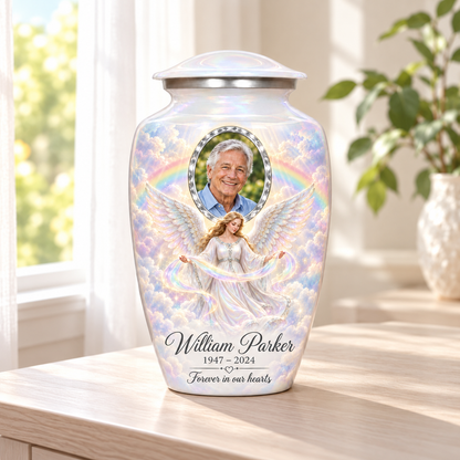 White adult urn with an angel holding a ribbon of light, pastel rainbow clouds and a faceted sample portrait frame, arranged in a sunlit home.