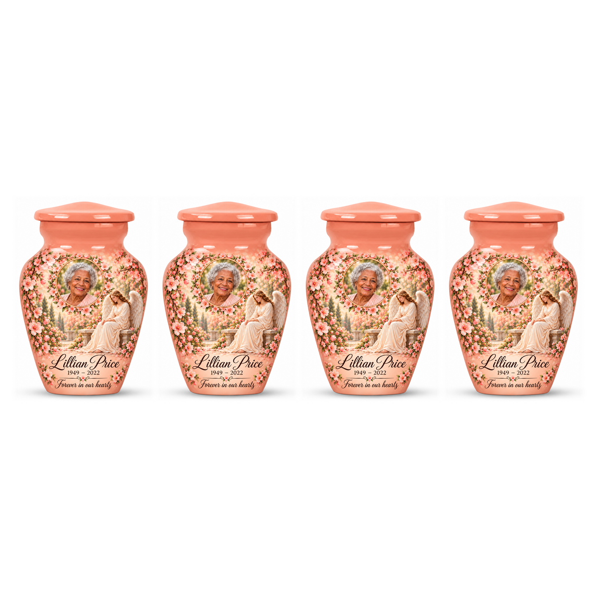 Four matching pink angel keepsake urns with sample portraits and inscriptions on white.