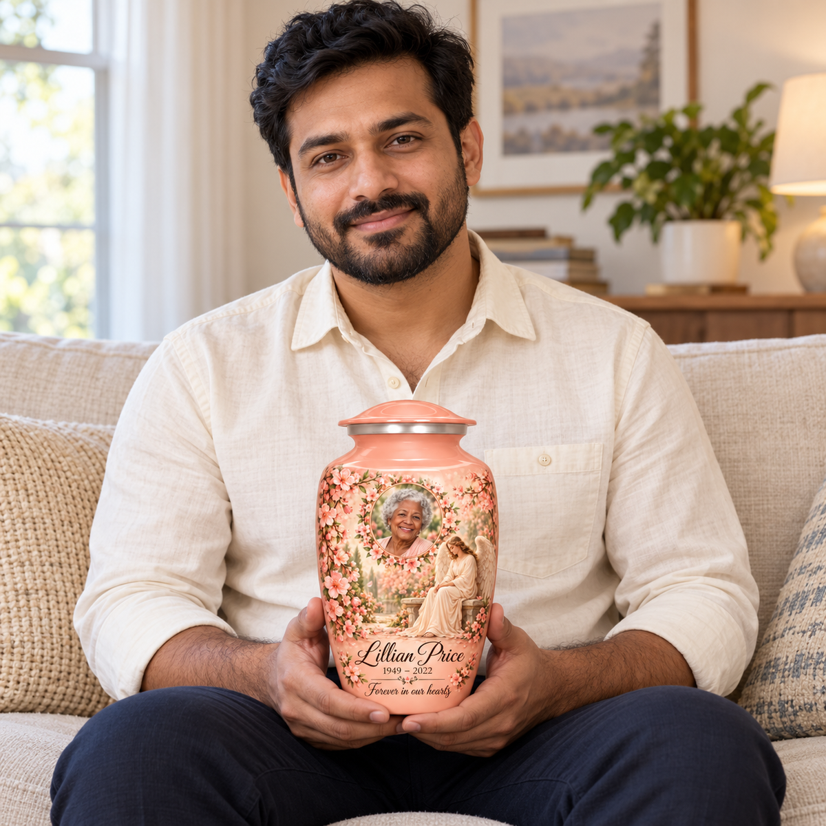 A seated person holding the pink angel urn with a seated angel, peach blossoms and an oval floral sample portrait frame on their lap.