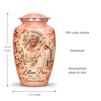Pink angel urn size guide: adult height 10 inches, width 6 inches and capacity 200 cubic inches.