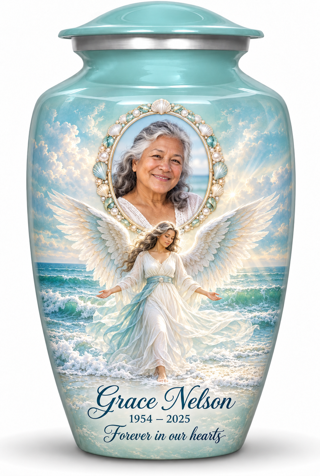 Blue adult urn with an ocean angel among waves and a shell style oval sample portrait frame, name, dates and tribute.