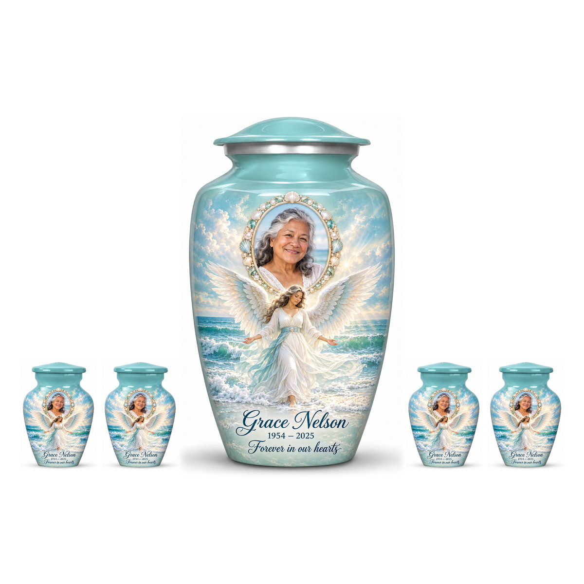 One blue adult angel urn with four matching keepsake urns and sample photo personalization on white.