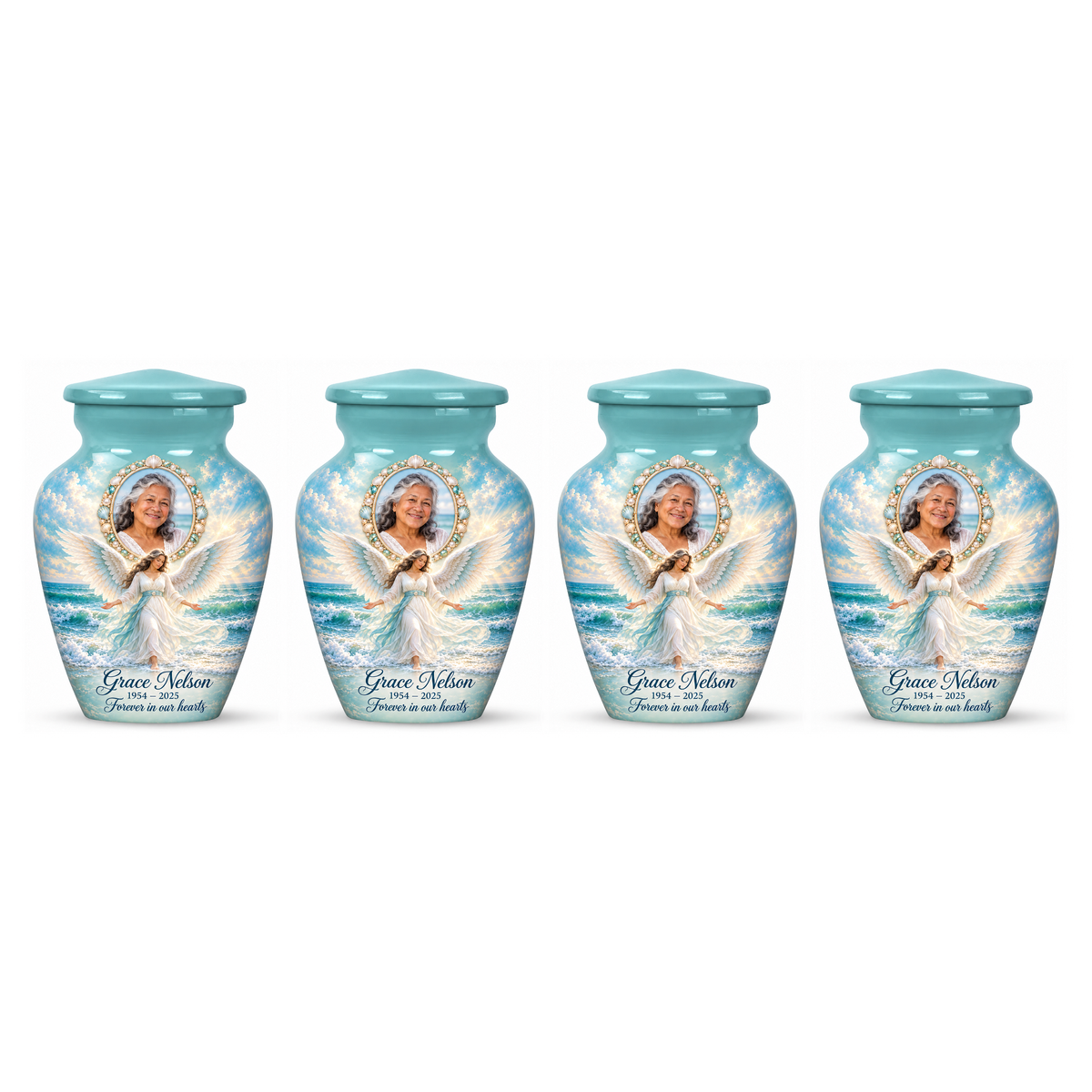 Four matching blue angel keepsake urns with sample photo personalization on a white background.
