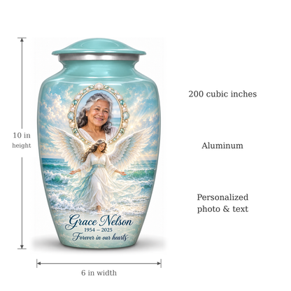 Blue angel urn size guide showing adult height 10 inches, width 6 inches and capacity 200 cubic inches.
