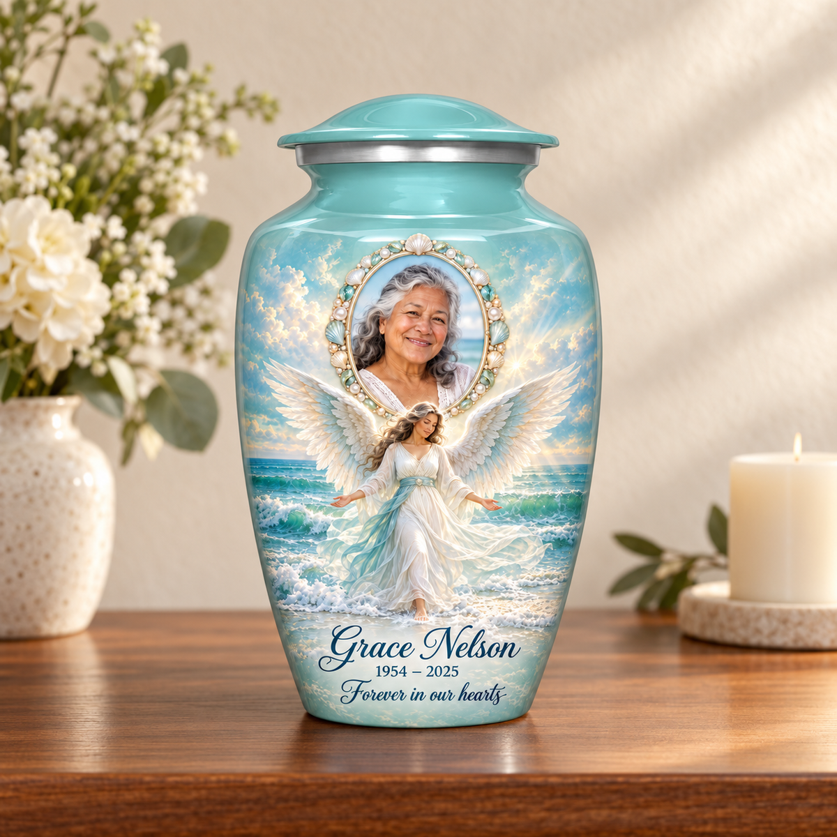 Blue adult urn with an ocean angel among waves and a shell style oval sample portrait frame, arranged on a memorial console.