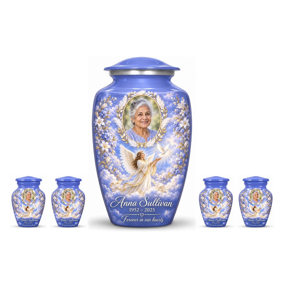 One blue adult angel urn and four matching keepsake urns with sample portraits and inscriptions on white.