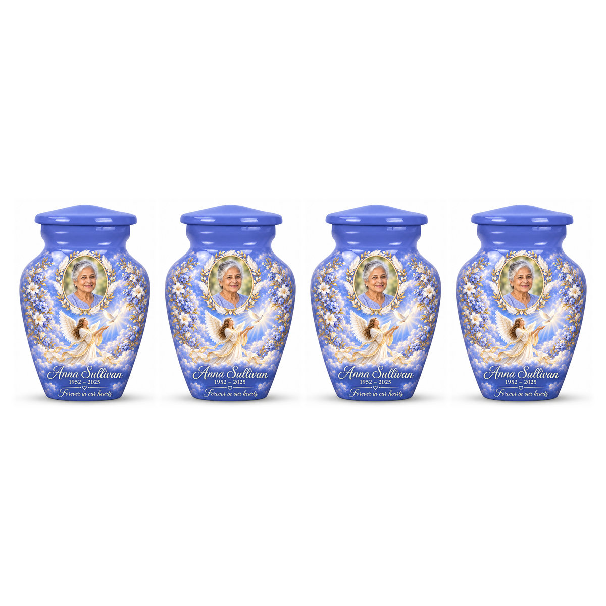Four matching blue angel keepsake urns with sample portraits and inscriptions on white.