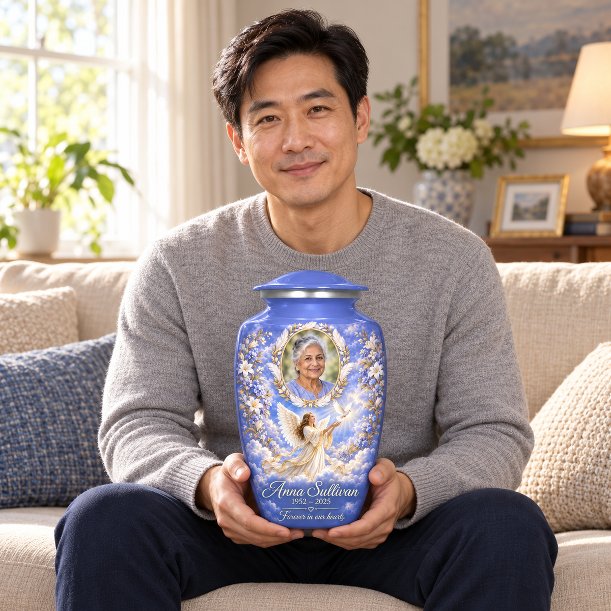 A seated person holding the blue angel urn with an angel releasing a dove and a feather and laurel sample portrait frame on their lap.